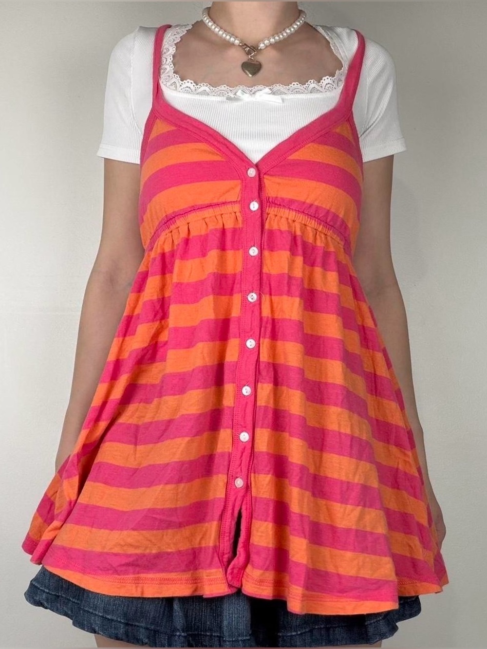 PINK Y2K Babydoll Racerback Button Tank Dress in Pink & Orange Stripes, Small - Picture 4 of 8